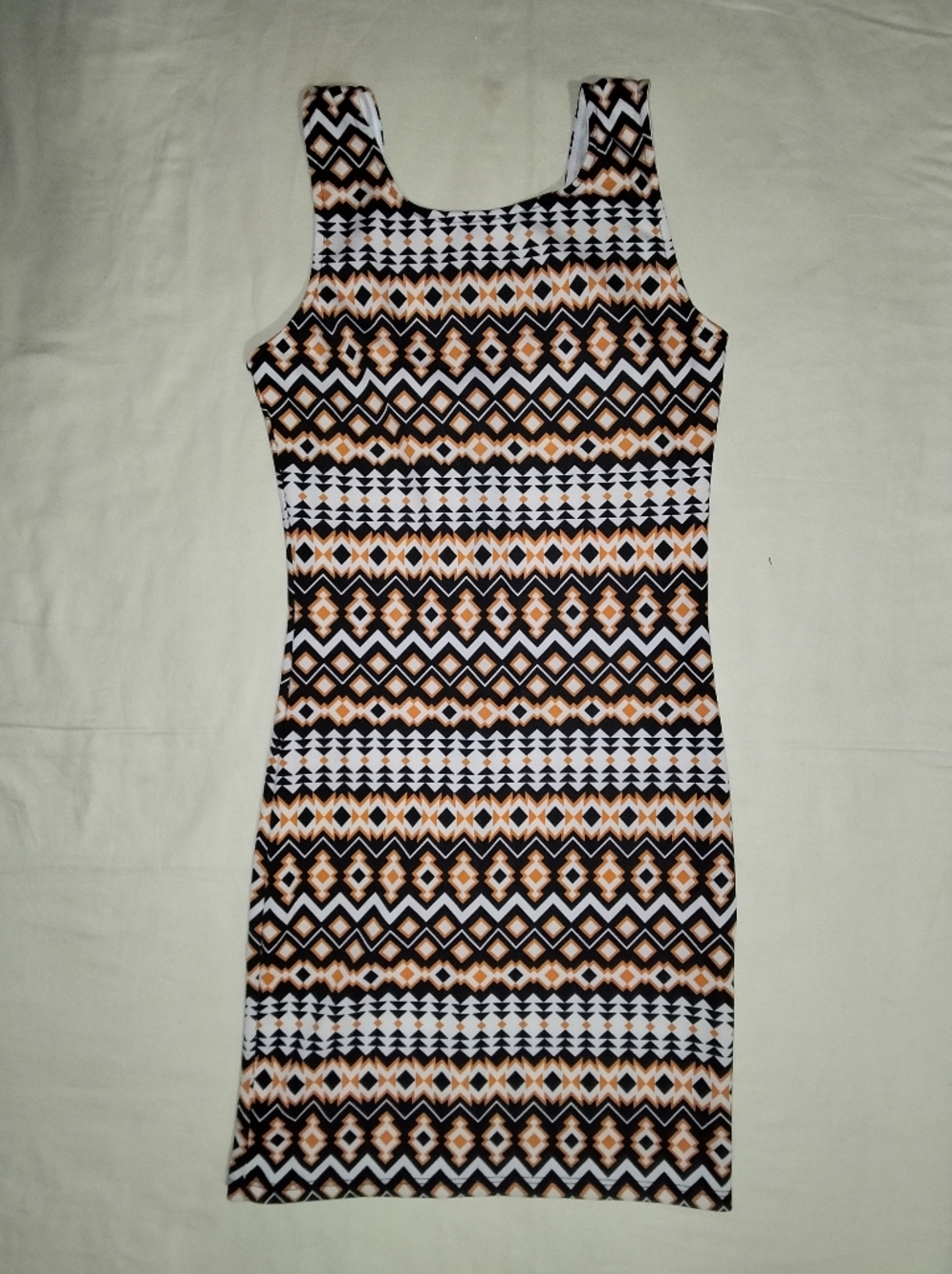 Aztec-Patterned Strap Tank Dress in Black, White & Tan